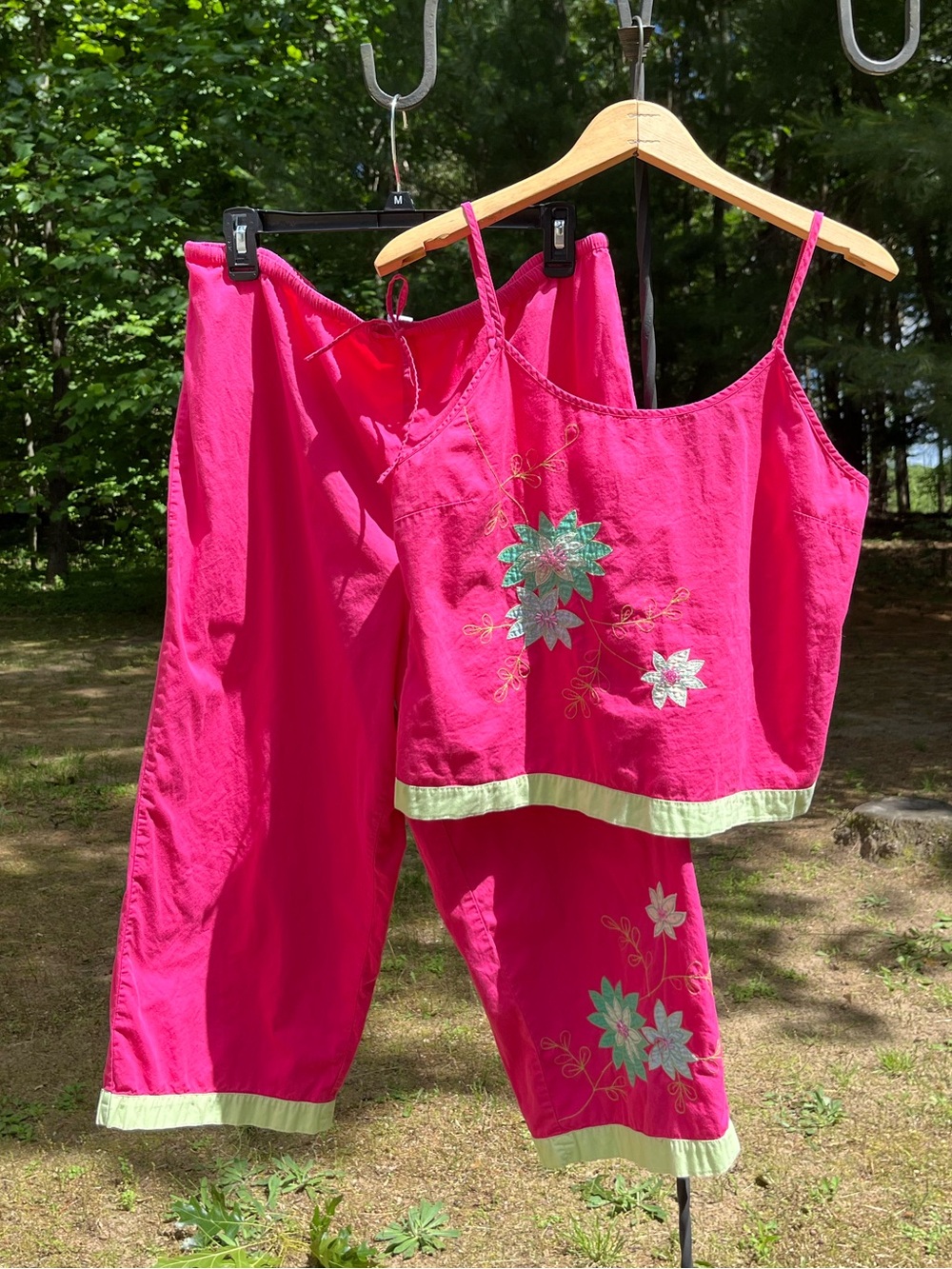 90s Alexandra Bartlett Hot Pink & Green Cotton Sleepwear Loungewear Set Size L